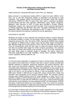 Practice of Non-Destructive Testing of Steel Wire Ropes and Rope Conveyor Belts. — V. Sukhorukov, A. Mironenko.