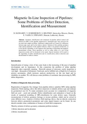 Magnetic In-Line Inspection of Pipelines: Some Problems of Defect Detection, Identification and Measurement.