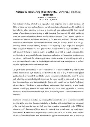 Automatic monitoring of hoisting steel wire rope: practical approach.— D. Sukhorukov, D. Slesarev.