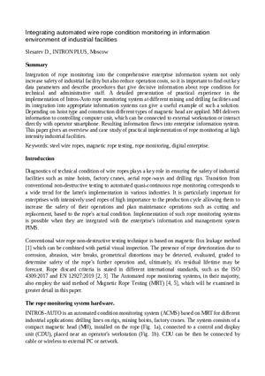 Integrating automated wire rope condition monitoring in information environment of industrial facilities.— Slesarev D.