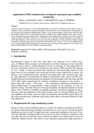 Application of MFL nondestructive testing for automated rope condition monitoring. — Dmitry A. Slesarev, Vasily V. Sukhorukov, Alexej V. Semenov.
